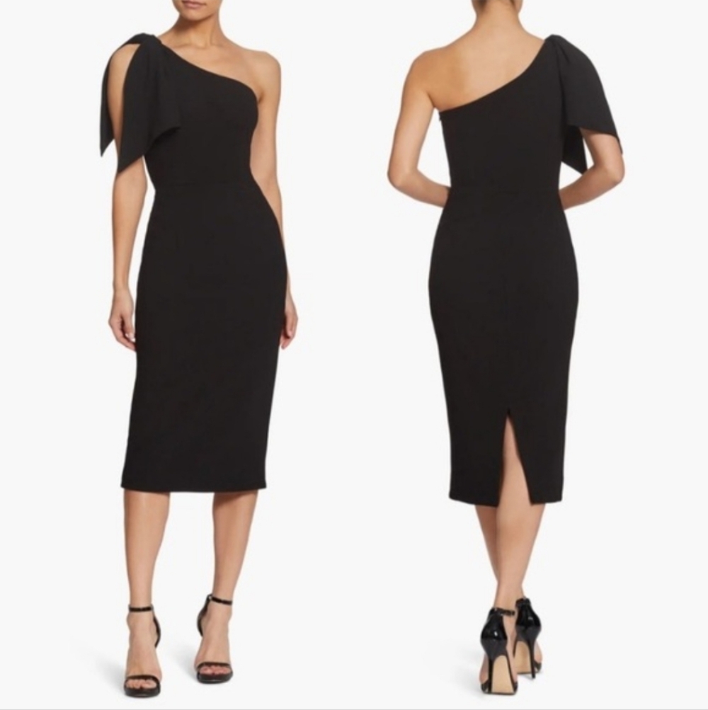Dress the Population Tiffany One-Shoulder Bow Midi Dress Black Size S Classic